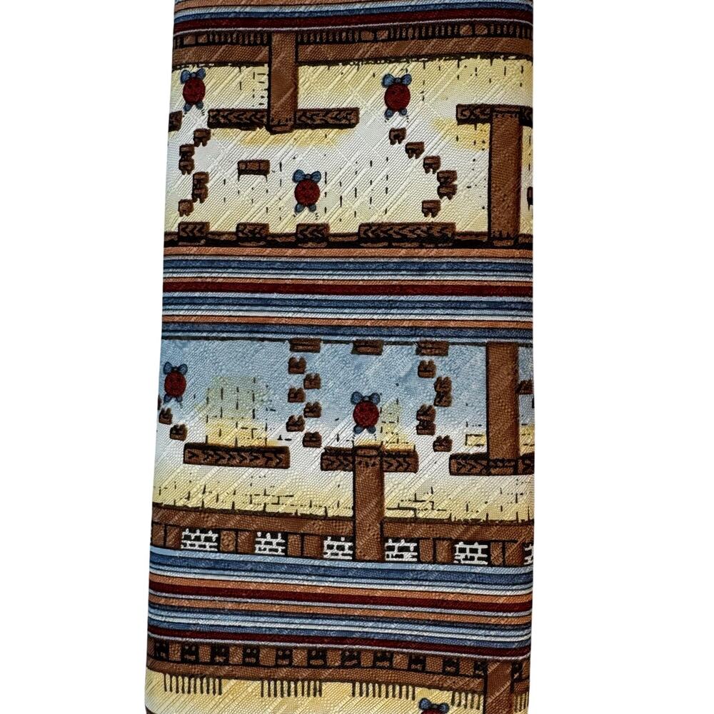 Lord Micro Faser Tie Retro Video Game Geometric Pattern Brown Blue Novelty EUC